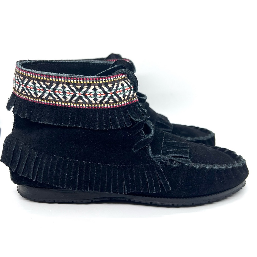 Amimoc Canadian Black Suede Western Ankle Moccasin Fringe Boot